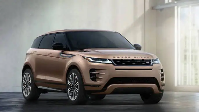 Bronze Range Rover SUV parked indoors, showcasing sleek design and alloy wheels.